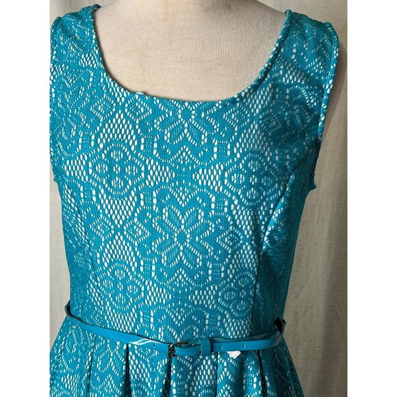 George Women's Teal Lace Dress With Belt  Size L Midi Summer - Picture 5 of 13